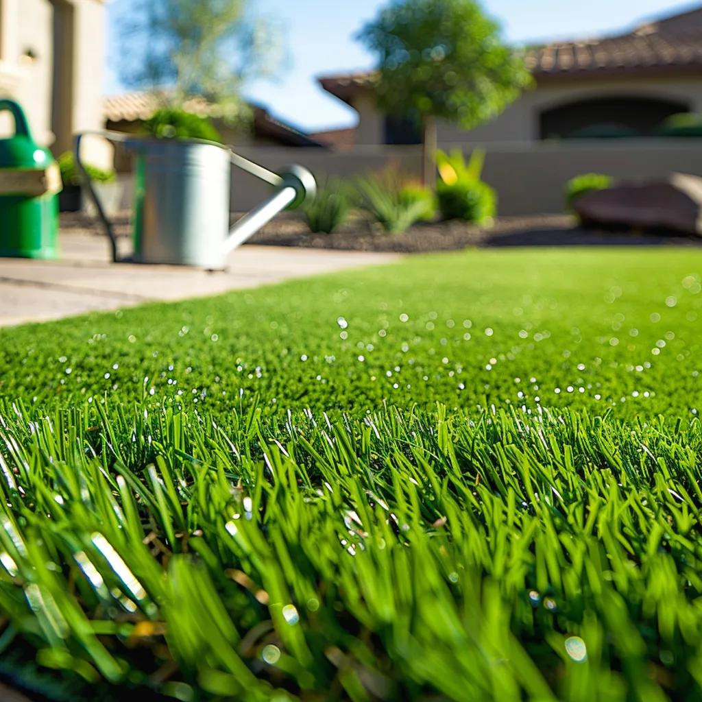 Close-up of high-quality artificial turf showcasing UV protection in a sunny Phoenix setting