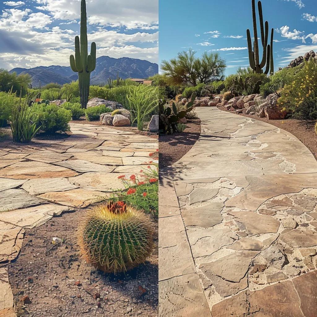 Side-by-side of weathered and sealed Arizona hardscapes