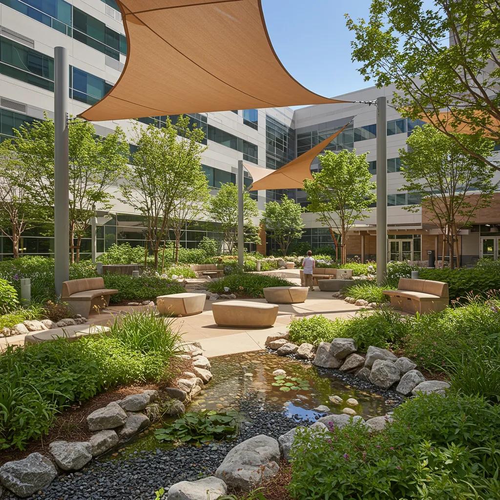 Biophilic design principles applied in hospital healing gardens, showcasing diverse plant life and calming water features