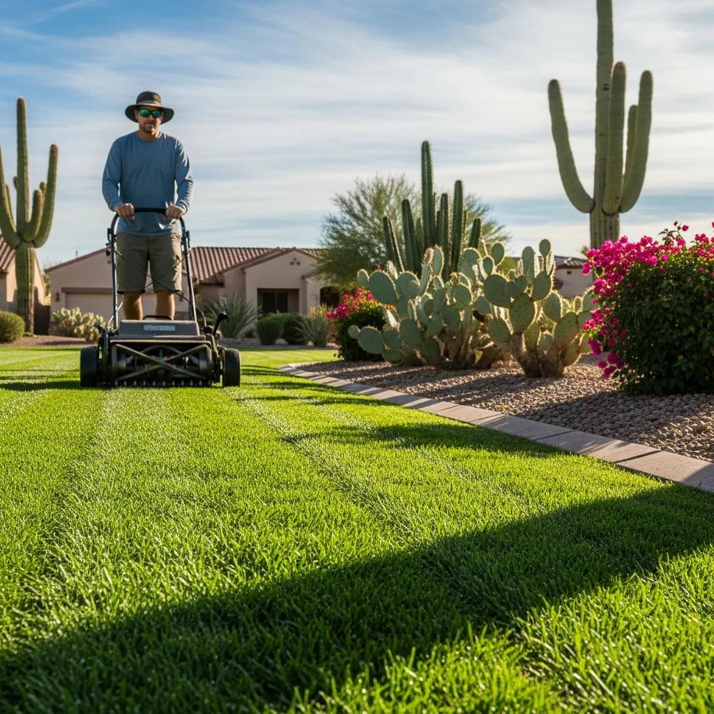 Close-up of a well-maintained Arizona lawn with a gardener mowing