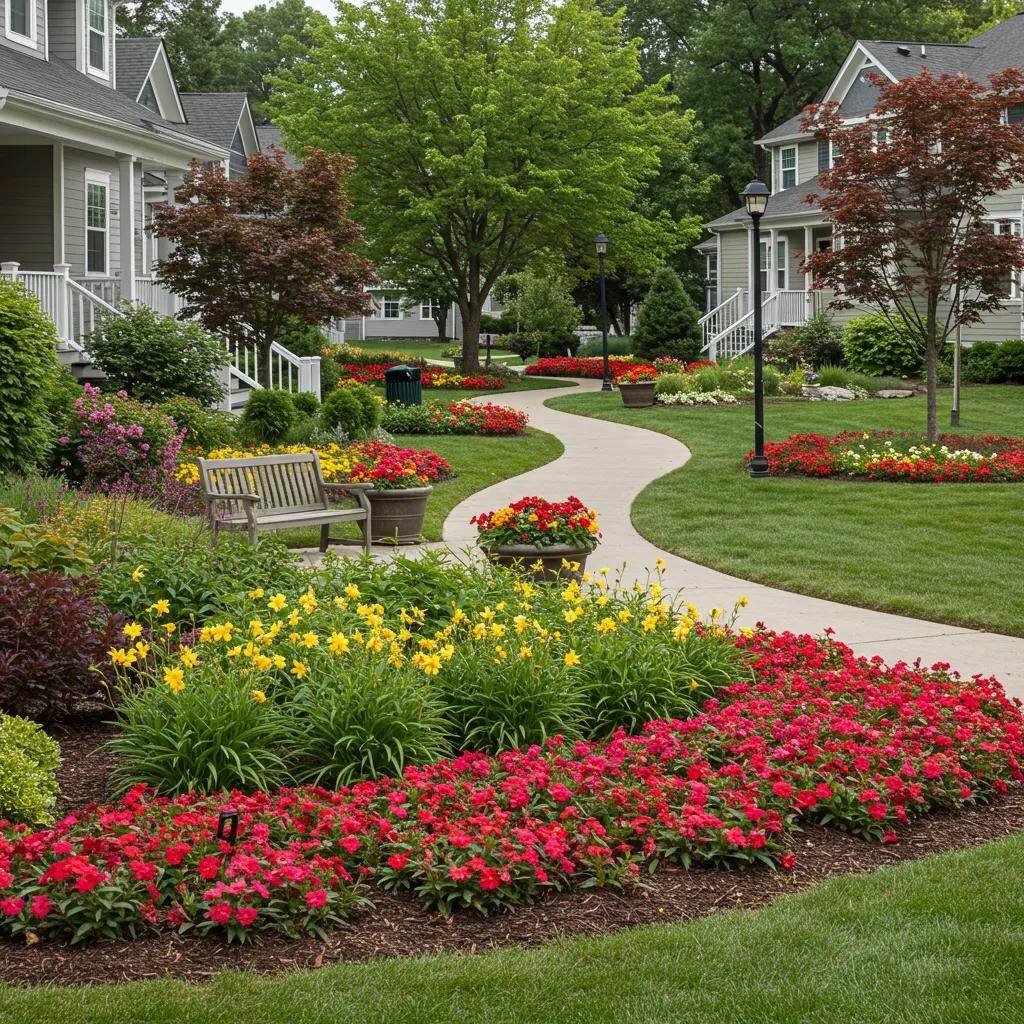 Vibrant community landscape managed by HOA, featuring uniform plantings and colorful blooms, demonstrating the advantages of professional HOA landscape upkeep