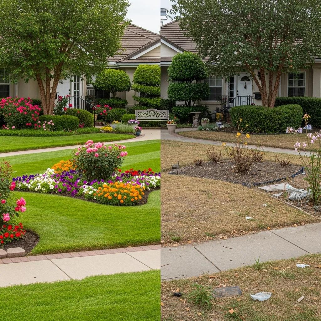 Comparison of well-landscaped property versus poorly maintained property highlighting landscaping benefits