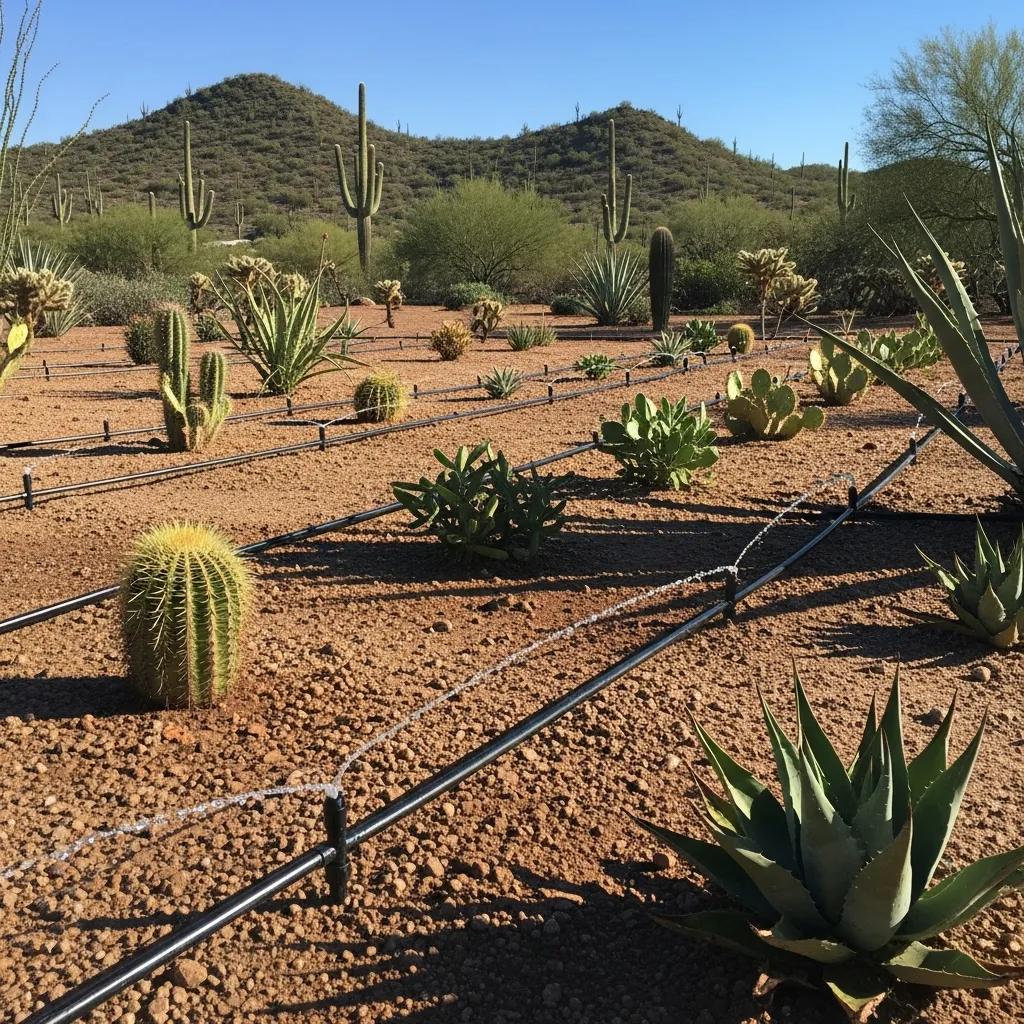 Drip irrigation system in an Arizona landscape with drought-tolerant plants