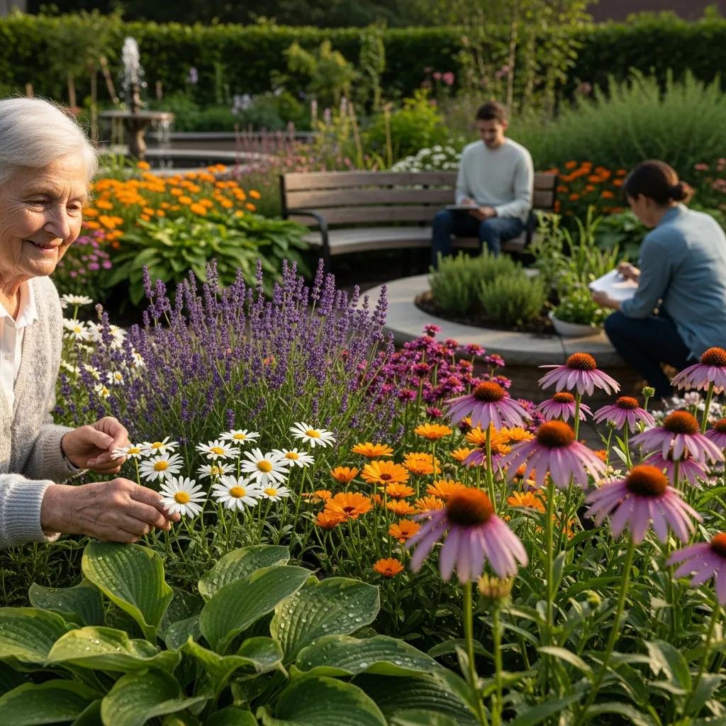 Patients enjoying a healing garden with vibrant flowers and a peaceful seating area