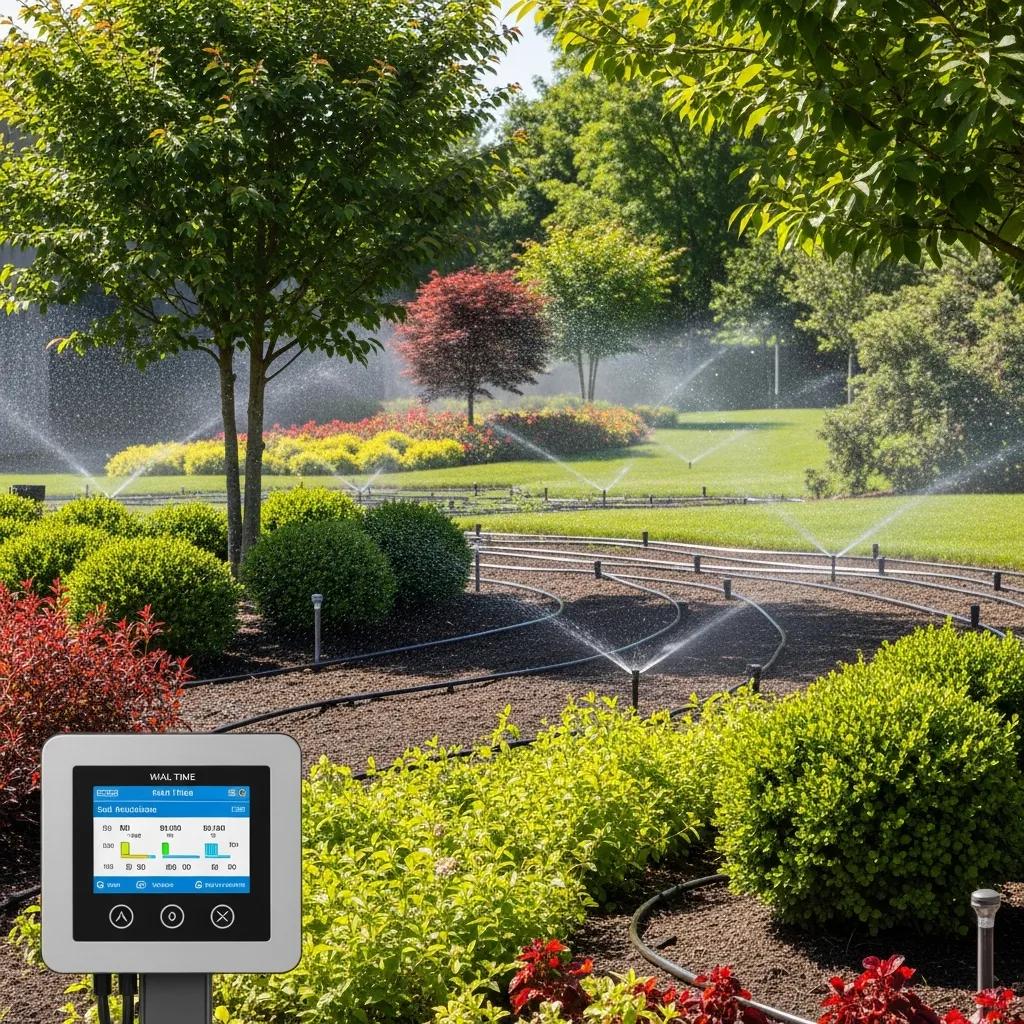 Smart irrigation system managing water flow in a landscaped commercial property