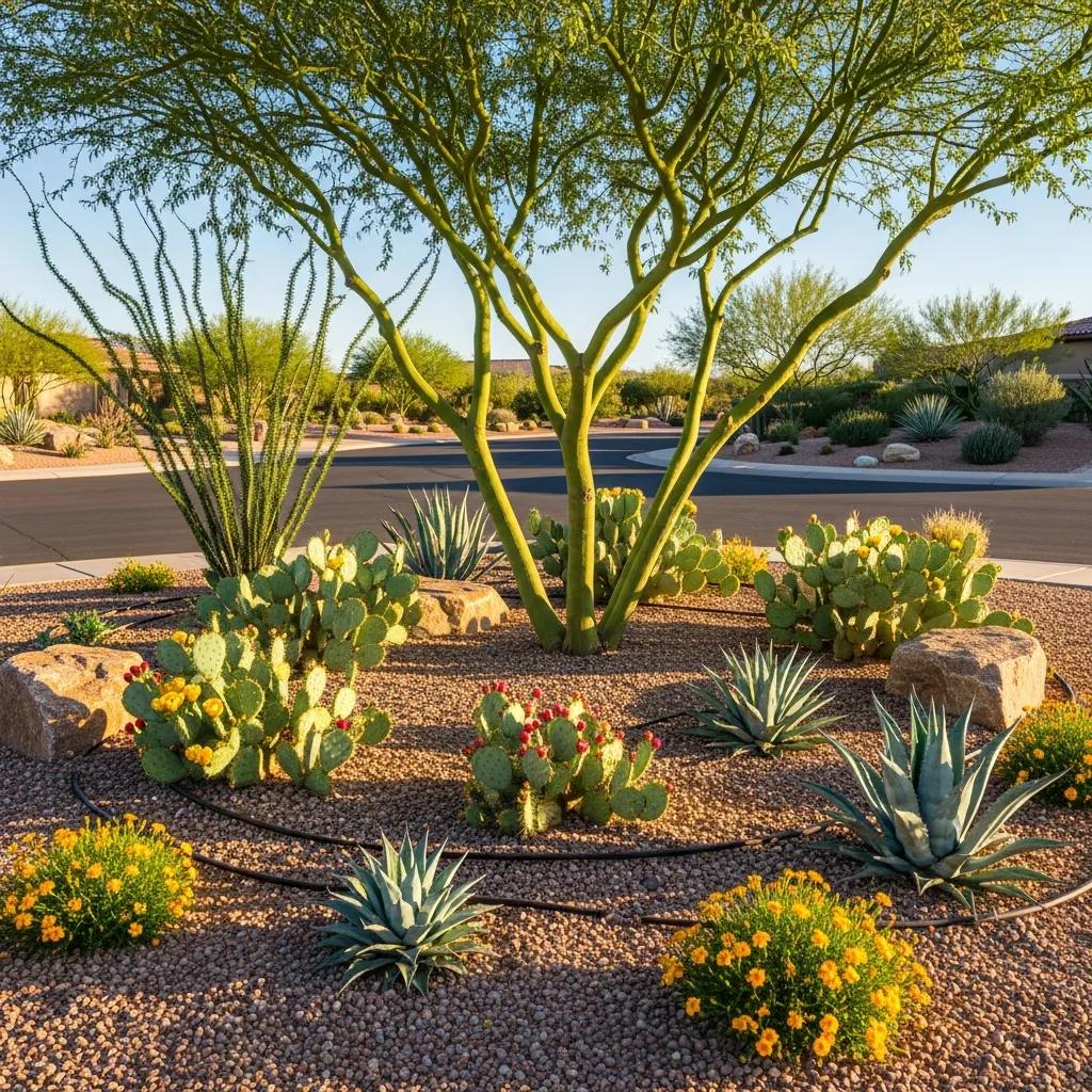 Sustainable landscaping practices in Arizona HOA with drought-tolerant plants and drip irrigation