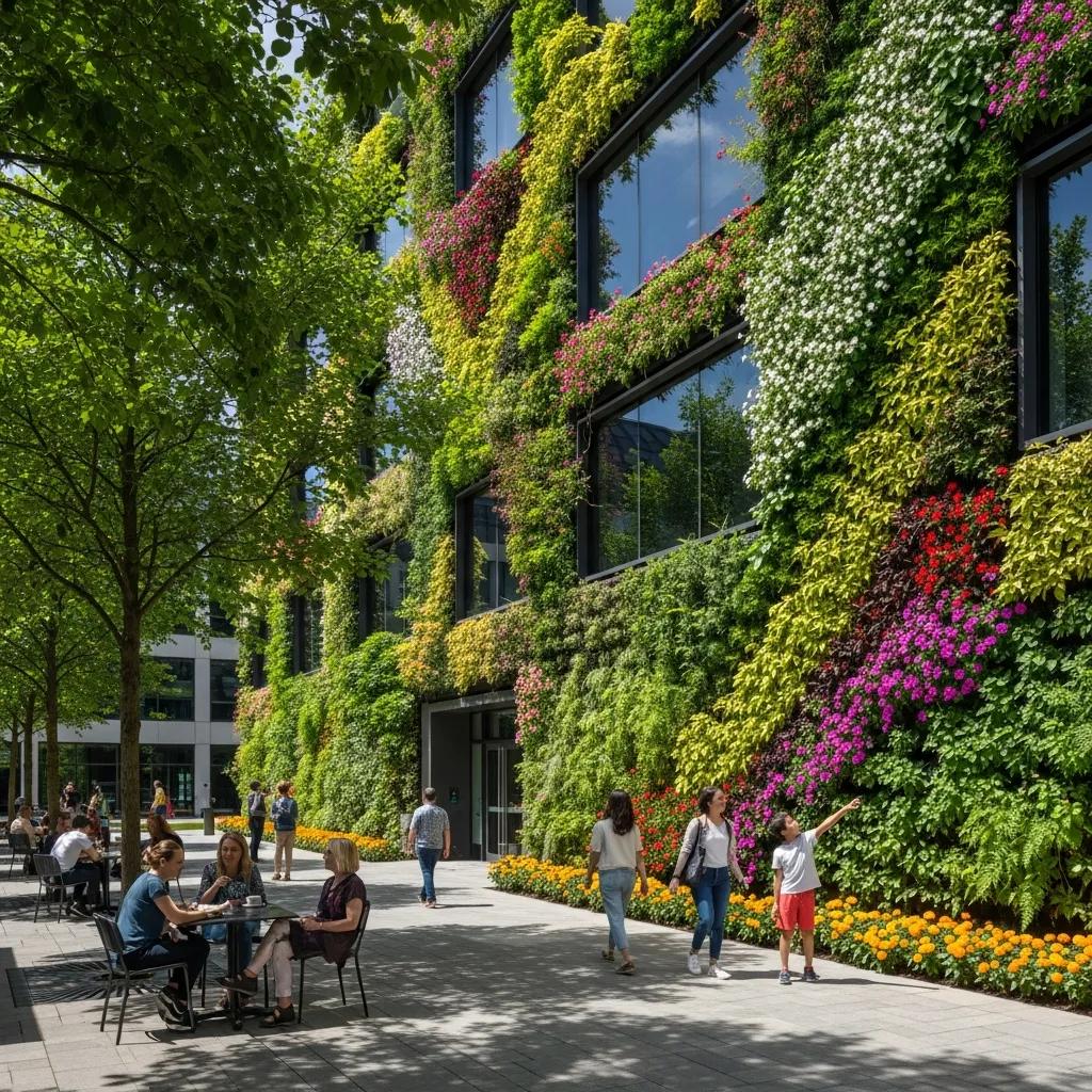 Vertical garden on a commercial building enhancing urban aesthetics and air quality