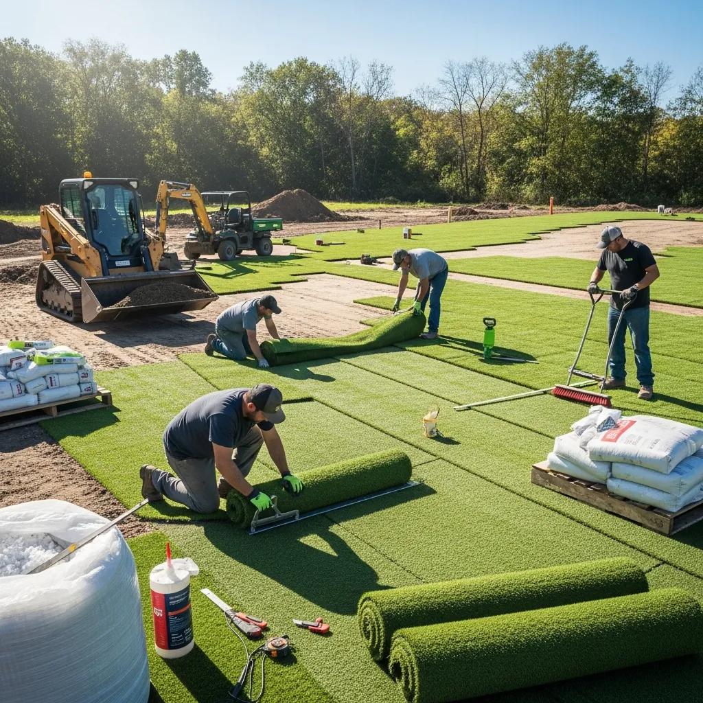 Workers installing artificial turf at a commercial property site