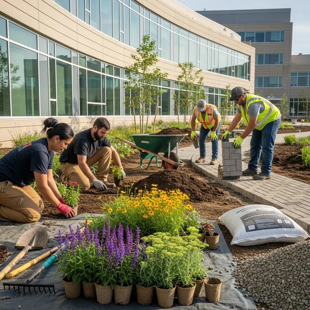 Workers installing native plants and pathways in a hospital landscape