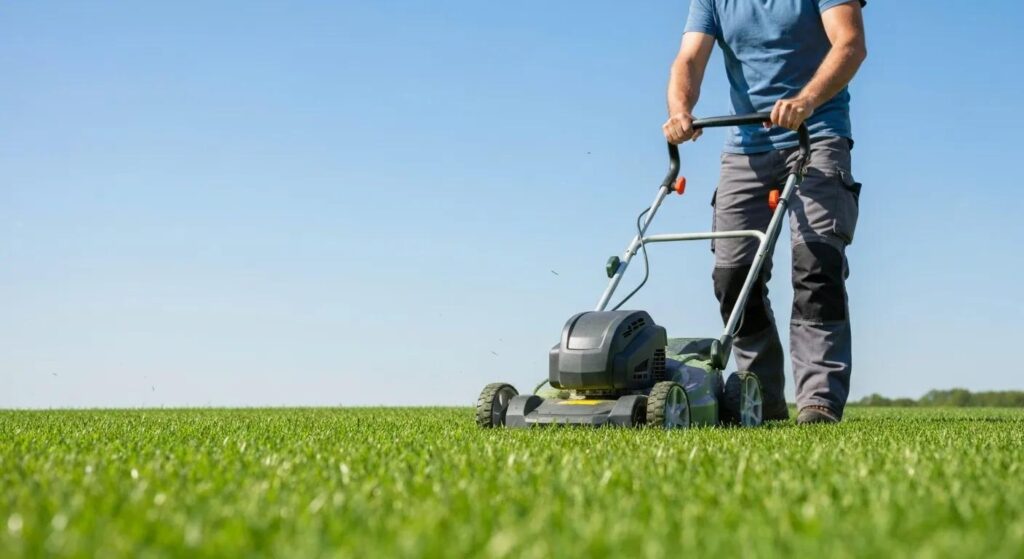Close-up of a manicured lawn with a landscape professional mowing grass