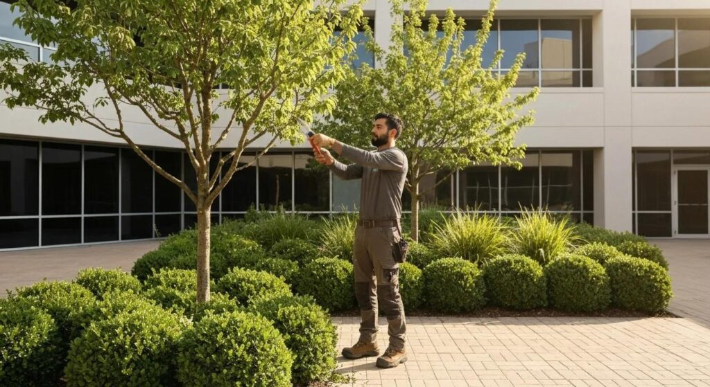 Landscape professional pruning a healthy tree in a commercial landscape