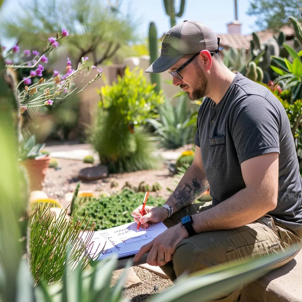 Landscape designer creating a plan for a Phoenix backyard with native plants and hardscape elements