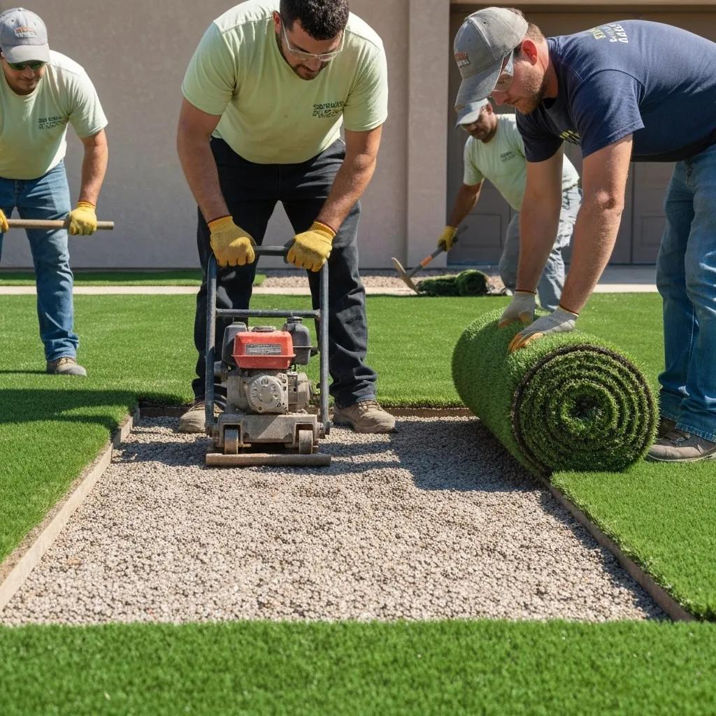 Skilled installers meticulously preparing the foundational layer for artificial turf installation in Phoenix