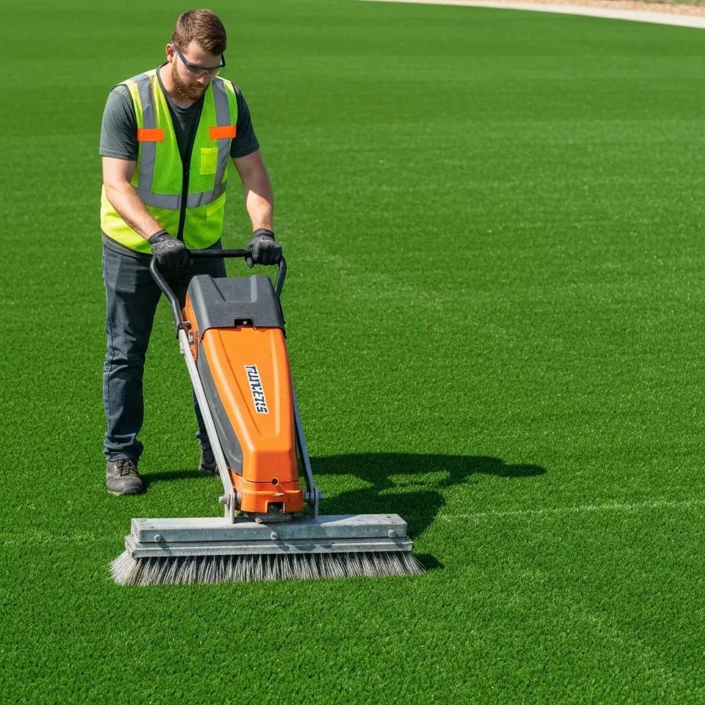 A skilled technician meticulously cleaning artificial turf with professional equipment