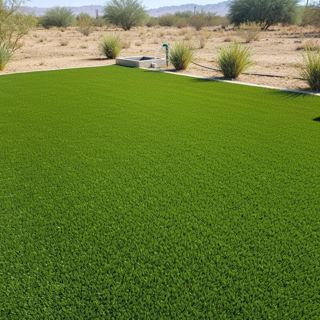 Detailed view of artificial turf showcasing its water-saving design in a desert setting