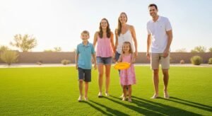 A happy family enjoying a spotless artificial lawn under the bright Phoenix sun