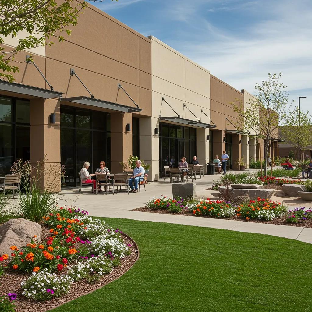 Elegant commercial property in Scottsdale featuring inviting landscaping and comfortable outdoor seating, illustrating the positive effect of landscape services on business performance