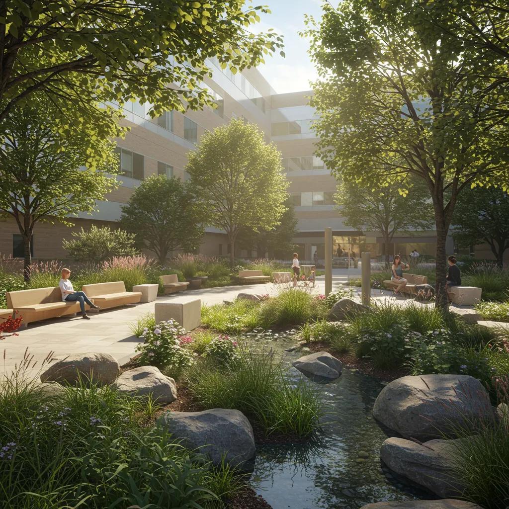 Healing garden landscape design for hospitals with native plants and seating areas