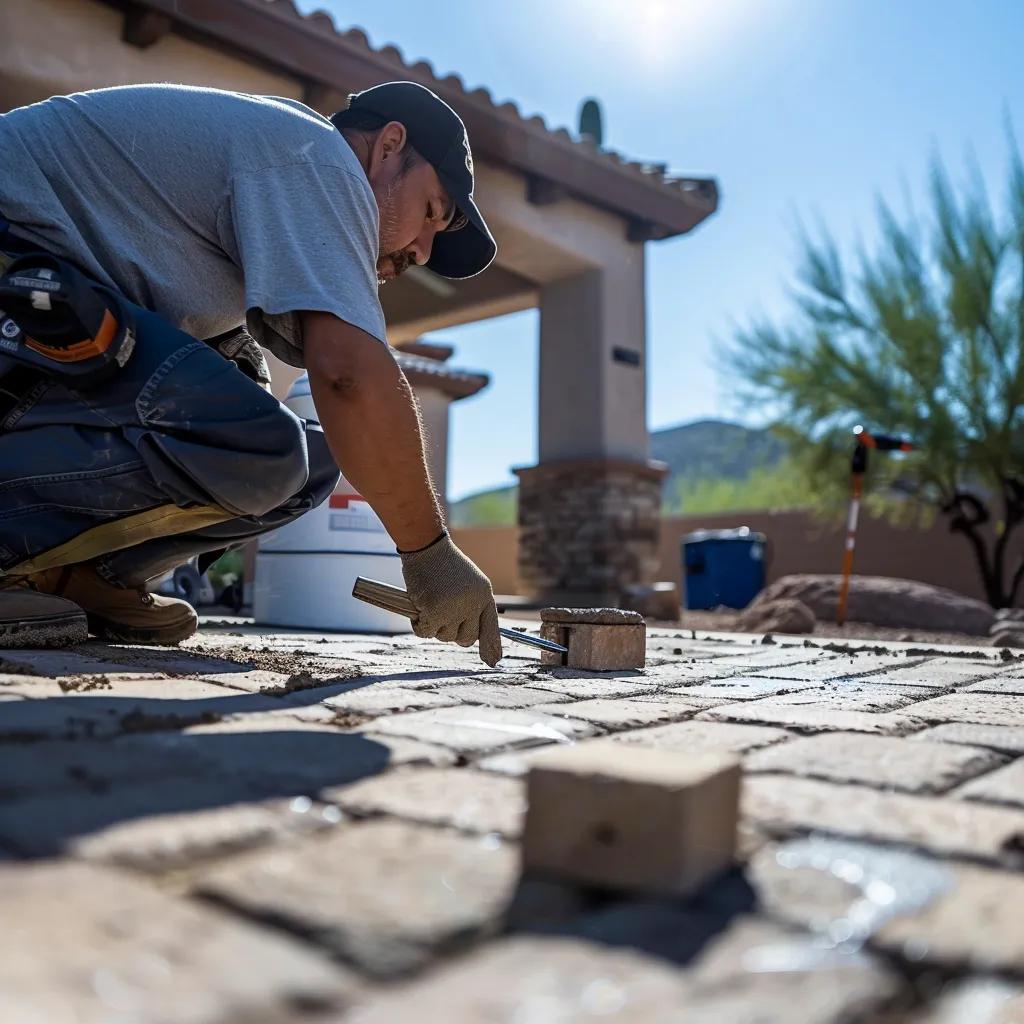 Professional contractor sealing a patio in Phoenix, showcasing hardscape sealing services