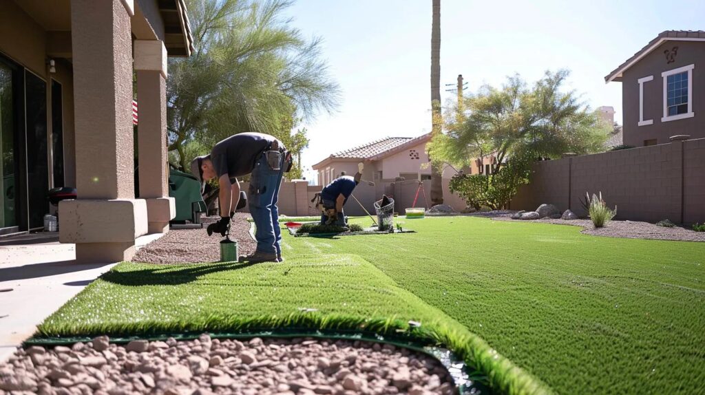 Professional team installing artificial turf in a Phoenix backyard, showcasing the installation process