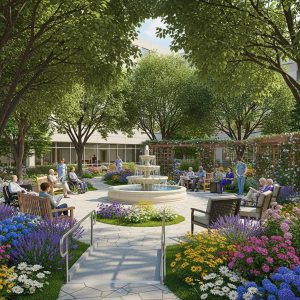 Healing garden in a hospital setting with lush plants and a calming water feature